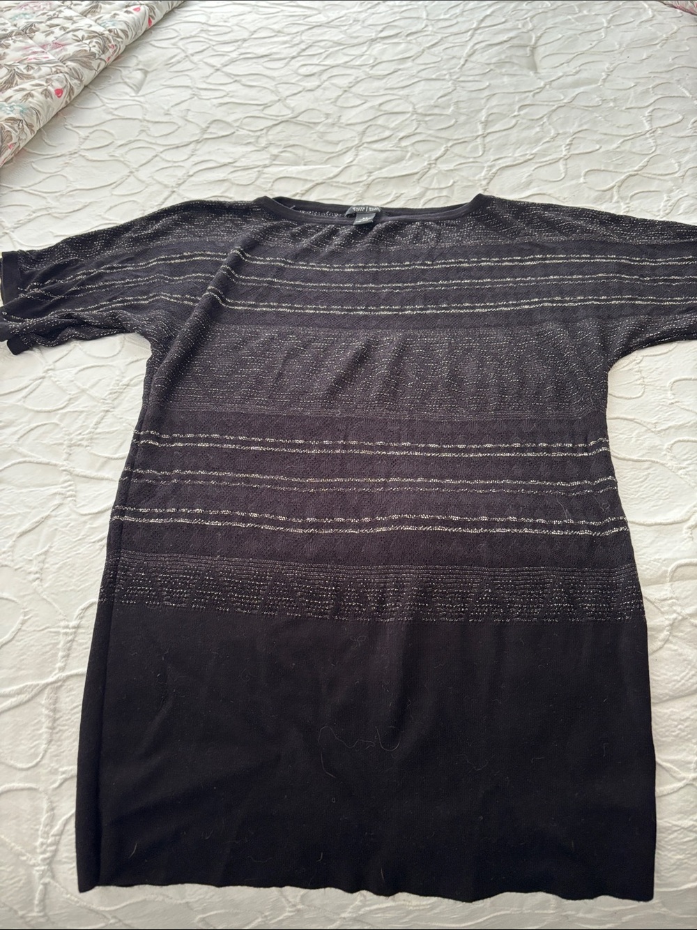 White House Black Market Black Short-Sleeve Knit Tee with Subtle Stripe Detail